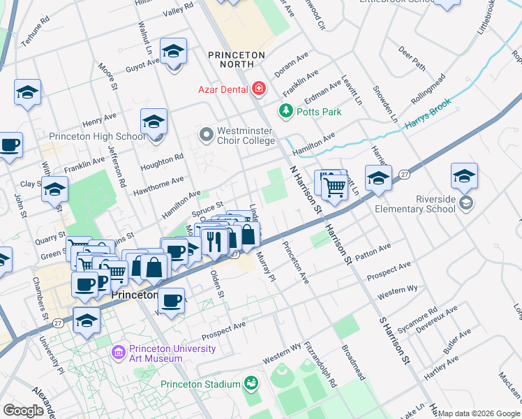 map of restaurants, bars, coffee shops, grocery stores, and more near 33 Linden Lane in Princeton