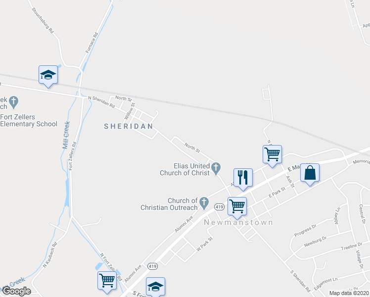 map of restaurants, bars, coffee shops, grocery stores, and more near 48 North Sheridan Road in Newmanstown