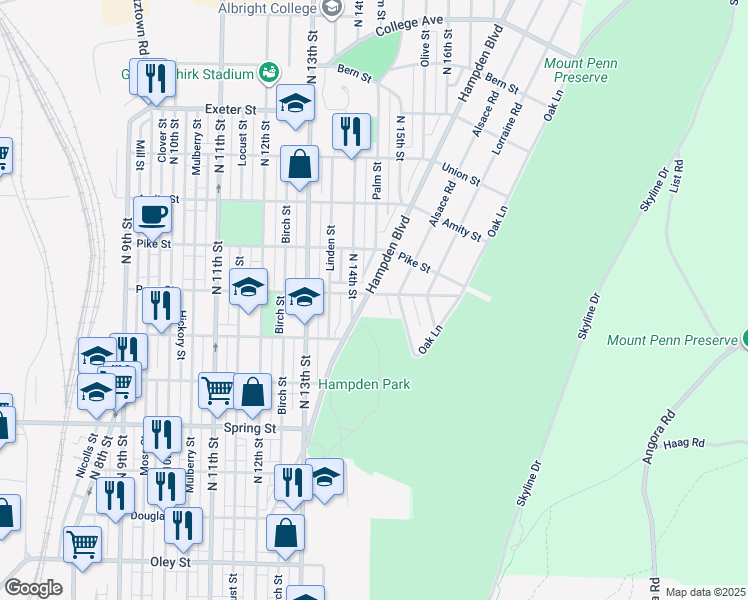 map of restaurants, bars, coffee shops, grocery stores, and more near 1255 Hampden Boulevard in Reading