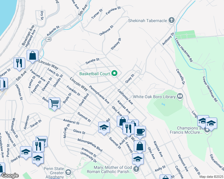 map of restaurants, bars, coffee shops, grocery stores, and more near 1130 California Avenue in White Oak