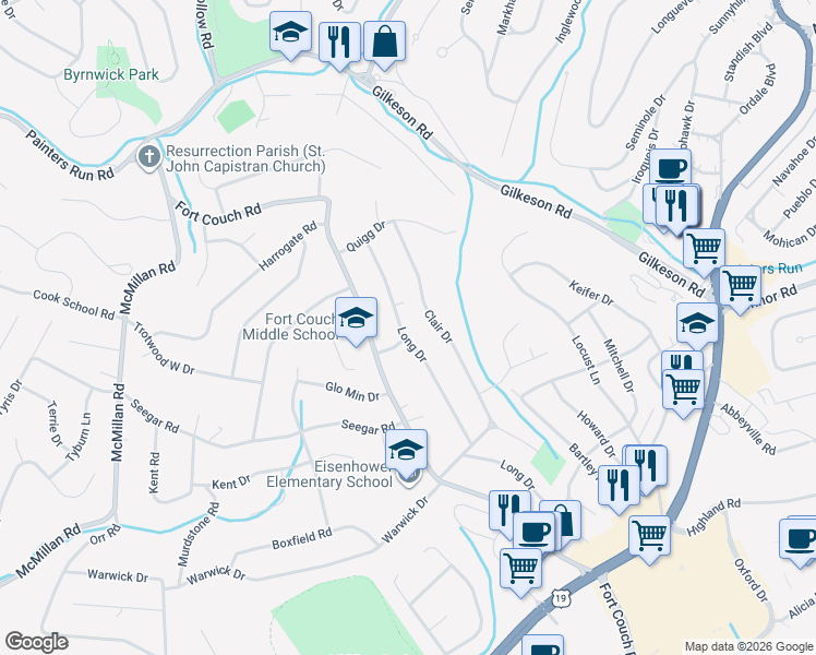 map of restaurants, bars, coffee shops, grocery stores, and more near 502 Long Drive in Pittsburgh