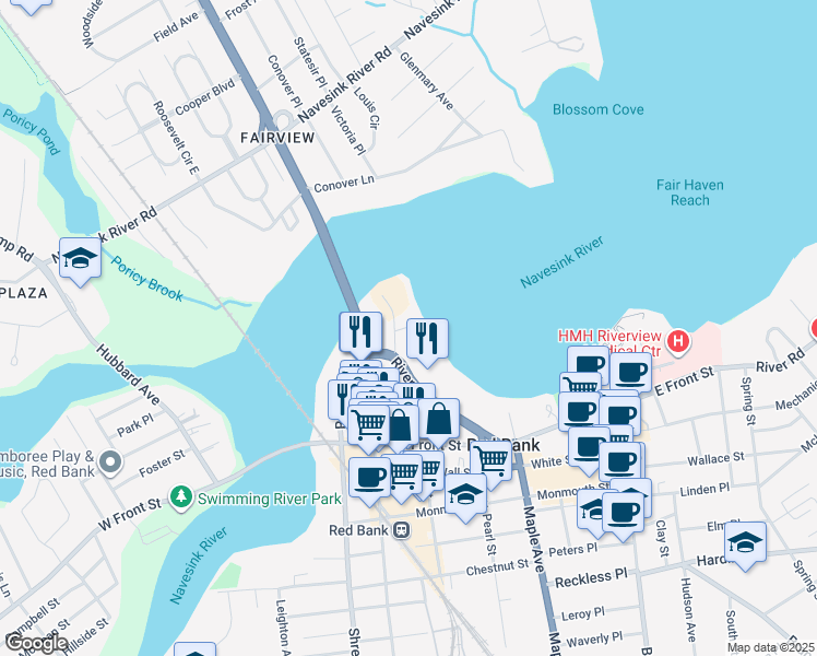 map of restaurants, bars, coffee shops, grocery stores, and more near 130 Bodman Place in Red Bank
