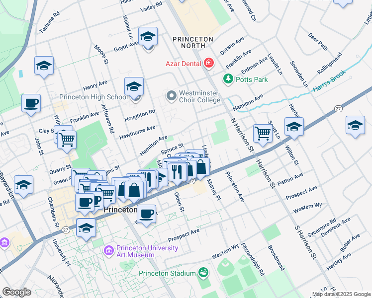 map of restaurants, bars, coffee shops, grocery stores, and more near 76 Pine Street in Princeton