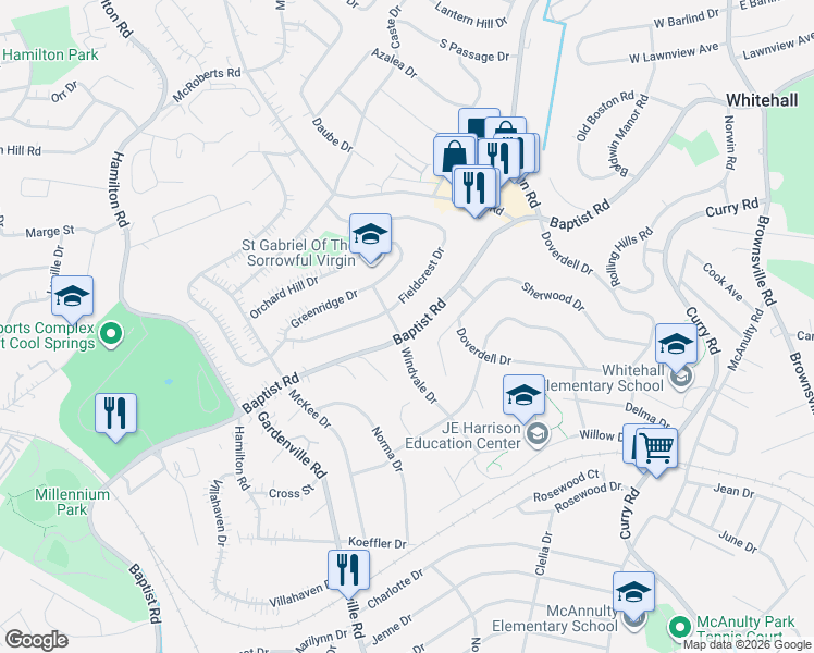 map of restaurants, bars, coffee shops, grocery stores, and more near 5301 Fieldcrest Drive in Pittsburgh