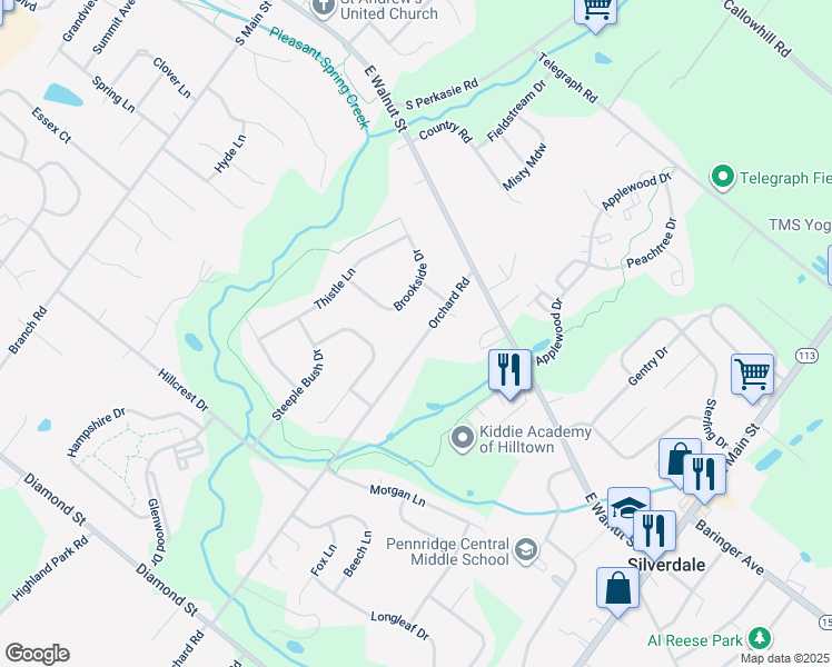 map of restaurants, bars, coffee shops, grocery stores, and more near 118 Orchard Road in Perkasie