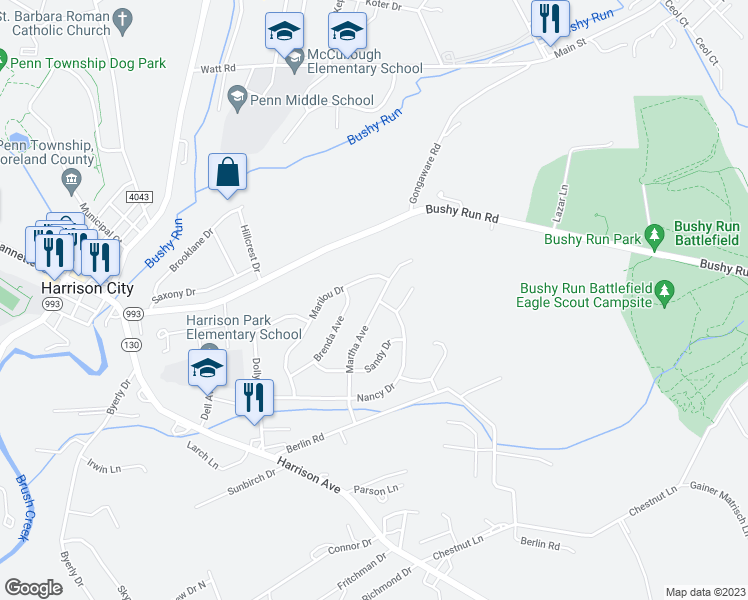 map of restaurants, bars, coffee shops, grocery stores, and more near 35 Martha Avenue in Jeannette