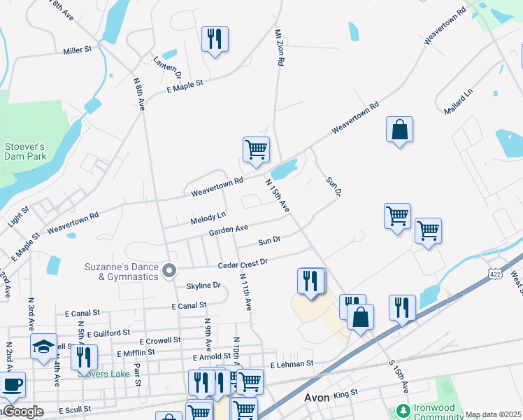 map of restaurants, bars, coffee shops, grocery stores, and more near 1450 Old Hickory Ln in Lebanon
