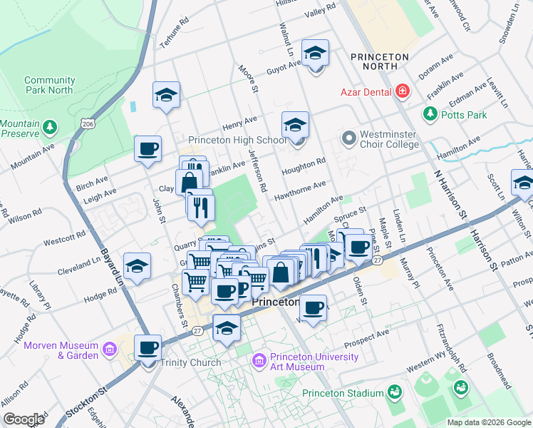 map of restaurants, bars, coffee shops, grocery stores, and more near 38-40 Jefferson Road in Princeton