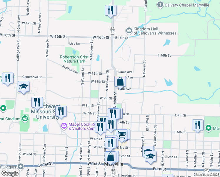 map of restaurants, bars, coffee shops, grocery stores, and more near 1001 North Buchanan Street in Maryville