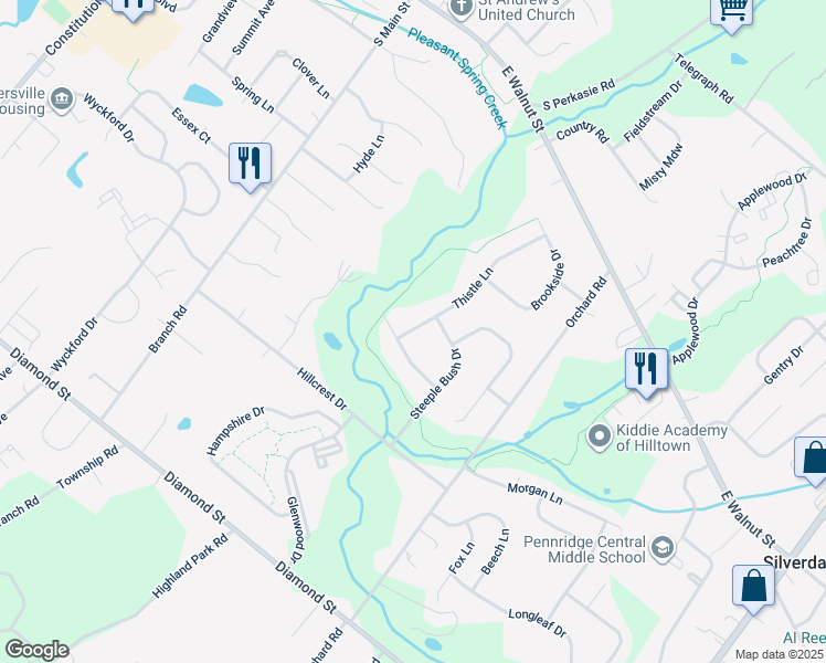 map of restaurants, bars, coffee shops, grocery stores, and more near 302 Thistle Lane in Perkasie