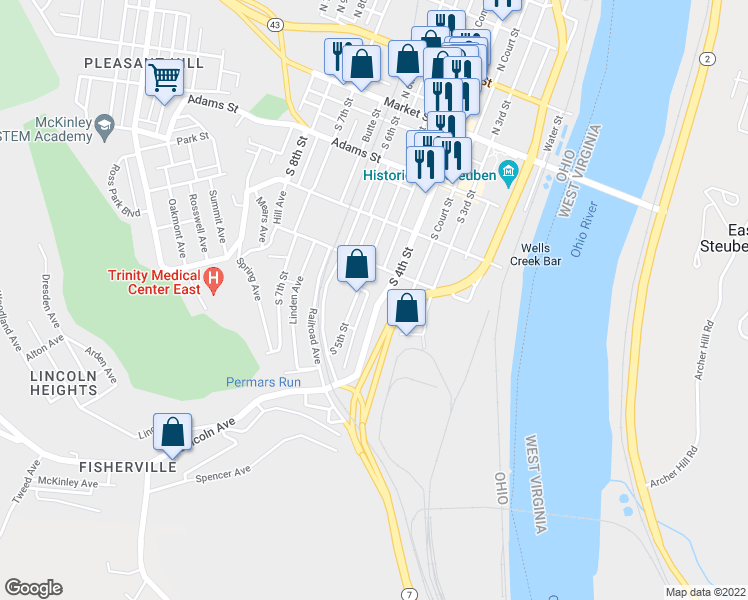map of restaurants, bars, coffee shops, grocery stores, and more near 439 South 4th Street in Steubenville