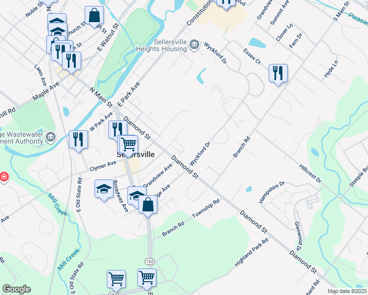 map of restaurants, bars, coffee shops, grocery stores, and more near 312 Hughes Avenue in Sellersville