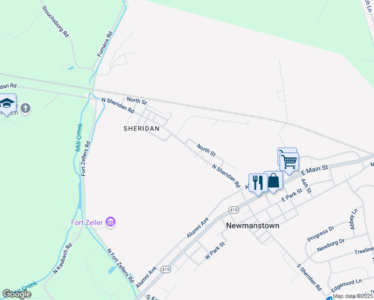 map of restaurants, bars, coffee shops, grocery stores, and more near 79 North Sheridan Road in Newmanstown