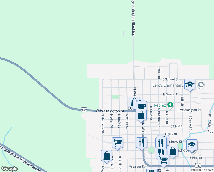 map of restaurants, bars, coffee shops, grocery stores, and more near 605 West Wayne Street in Le Roy