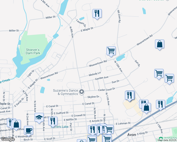 map of restaurants, bars, coffee shops, grocery stores, and more near 857 Primrose Court in Lebanon