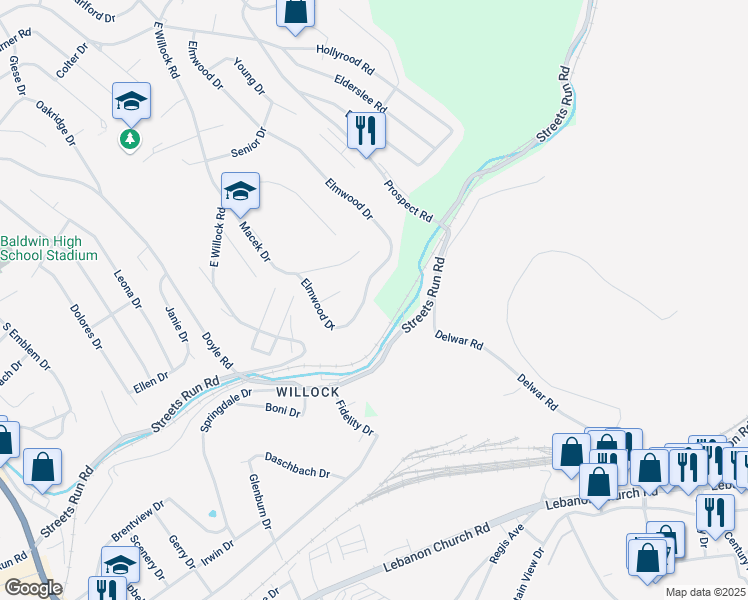 map of restaurants, bars, coffee shops, grocery stores, and more near 5227 Elmwood Drive in Pittsburgh