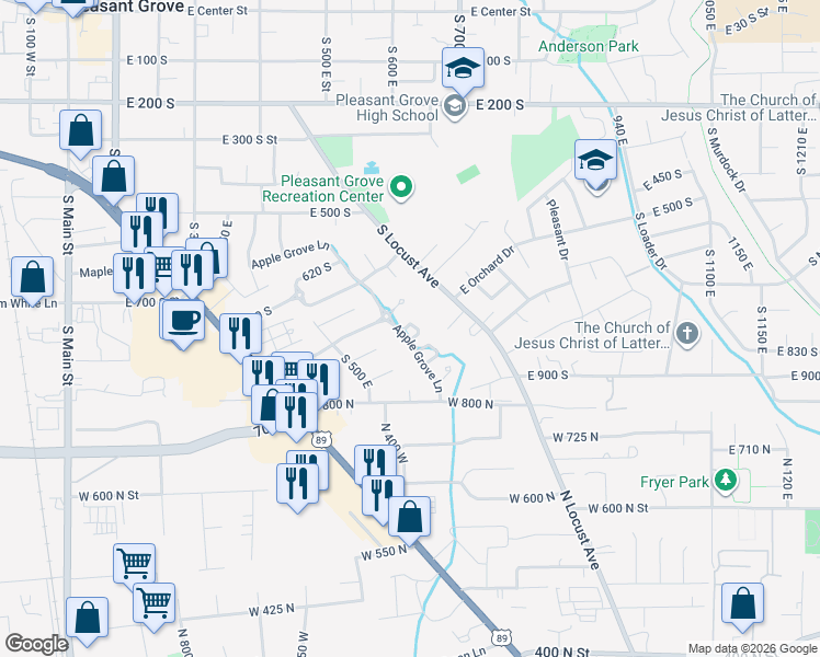 map of restaurants, bars, coffee shops, grocery stores, and more near 827 Apple Grove Lane in Pleasant Grove