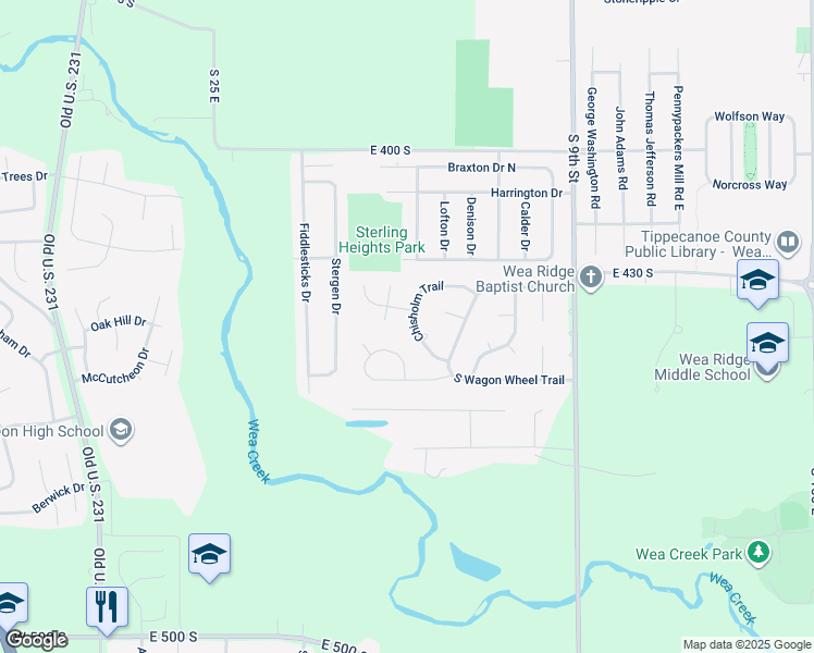 map of restaurants, bars, coffee shops, grocery stores, and more near 4510 Chisholm Trail in Lafayette