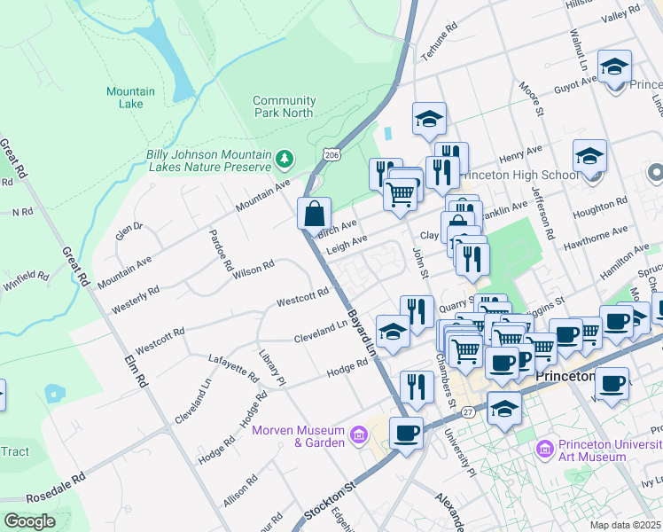 map of restaurants, bars, coffee shops, grocery stores, and more near 113a North Stanworth Drive in Princeton