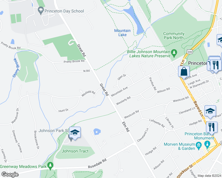 map of restaurants, bars, coffee shops, grocery stores, and more near 16 Kimberly Court in Princeton
