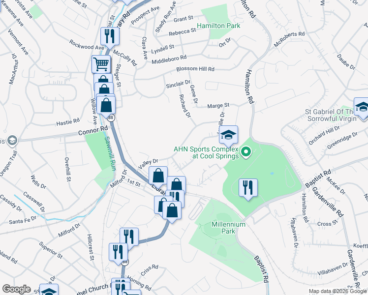 map of restaurants, bars, coffee shops, grocery stores, and more near 3537 Valley Drive in Pittsburgh