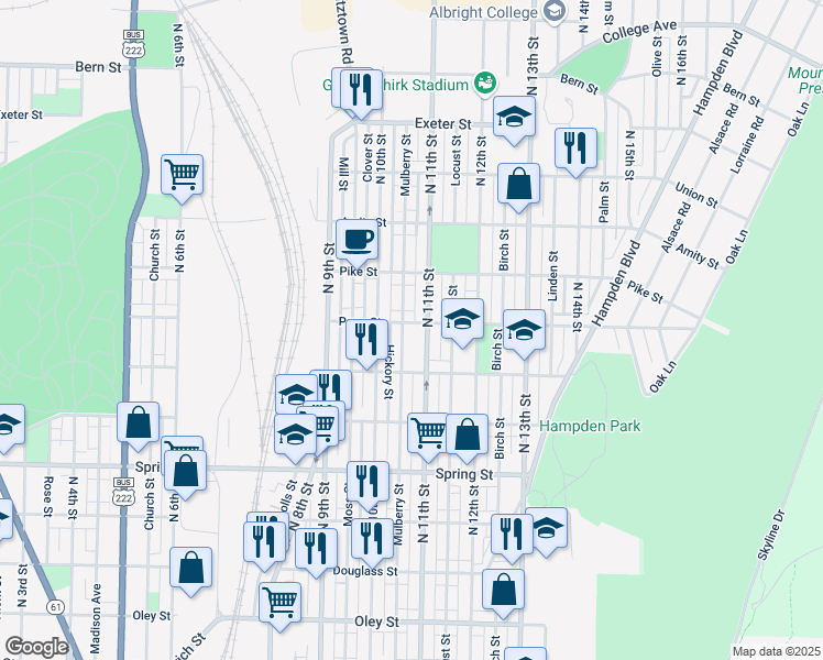 map of restaurants, bars, coffee shops, grocery stores, and more near 1034 Perry Street in Reading