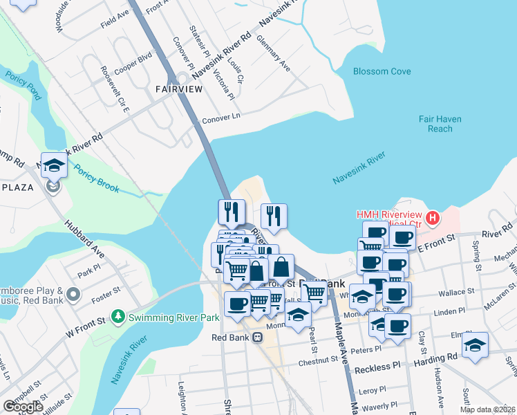 map of restaurants, bars, coffee shops, grocery stores, and more near 130 Bodman Place in Red Bank