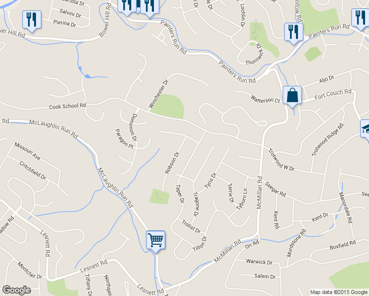 map of restaurants, bars, coffee shops, grocery stores, and more near 1759 Robson Dr in Pittsburgh