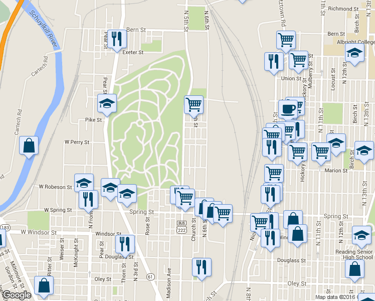 map of restaurants, bars, coffee shops, grocery stores, and more near 1229 North 5th Street in Reading