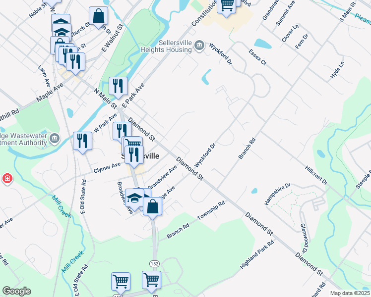 map of restaurants, bars, coffee shops, grocery stores, and more near 312 Hughes Avenue in Sellersville