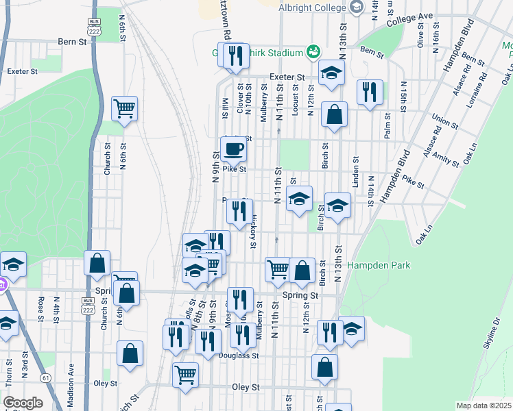 map of restaurants, bars, coffee shops, grocery stores, and more near 1020 Perry Street in Reading