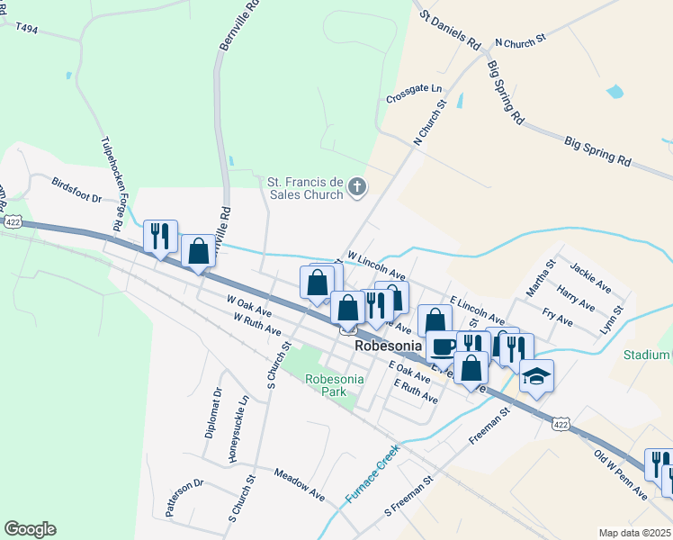 map of restaurants, bars, coffee shops, grocery stores, and more near 107 State Route 3010 in Robesonia