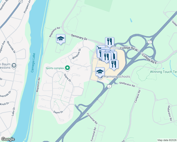 map of restaurants, bars, coffee shops, grocery stores, and more near 6 Azalea Court in Princeton