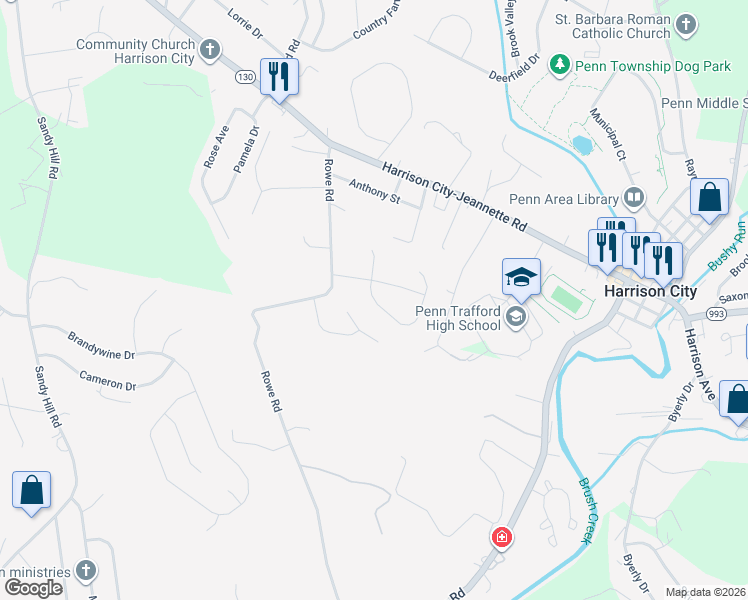 map of restaurants, bars, coffee shops, grocery stores, and more near 2008 Stone Bridge Court in Harrison City
