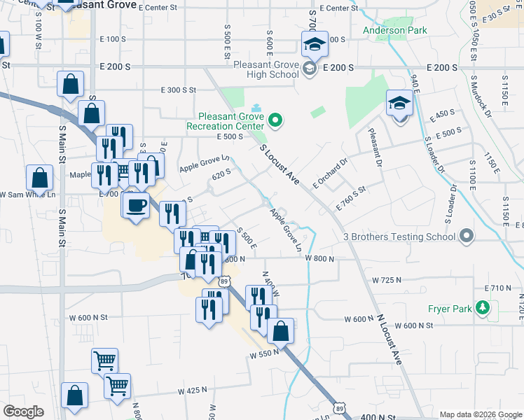 map of restaurants, bars, coffee shops, grocery stores, and more near 560 East 820 South in Pleasant Grove