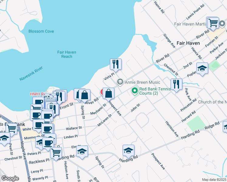 map of restaurants, bars, coffee shops, grocery stores, and more near 212 River Road in Red Bank