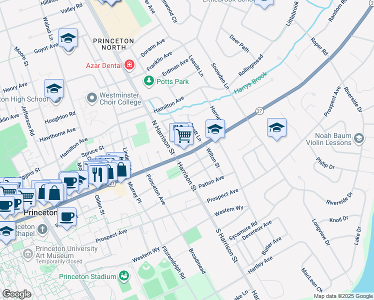 map of restaurants, bars, coffee shops, grocery stores, and more near 366 Nassau Street in Princeton