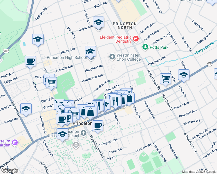map of restaurants, bars, coffee shops, grocery stores, and more near 54 Spruce Street in Princeton
