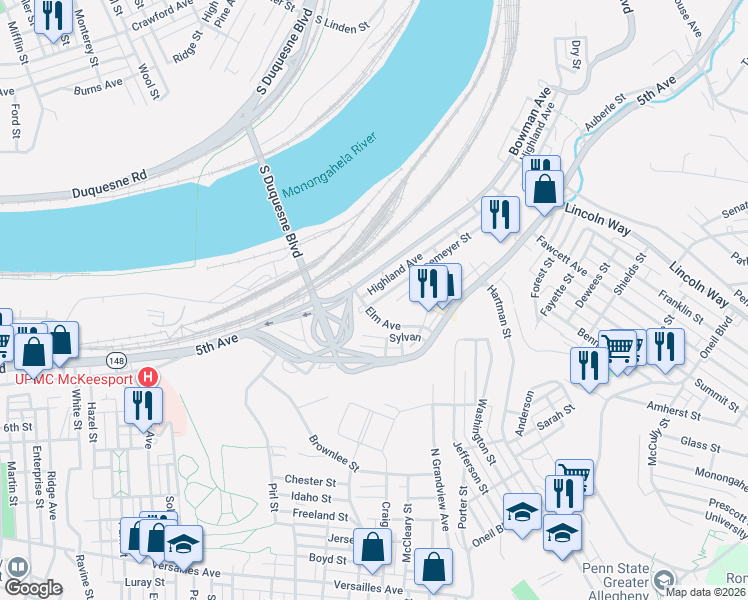 map of restaurants, bars, coffee shops, grocery stores, and more near 204 Elm Street in McKeesport