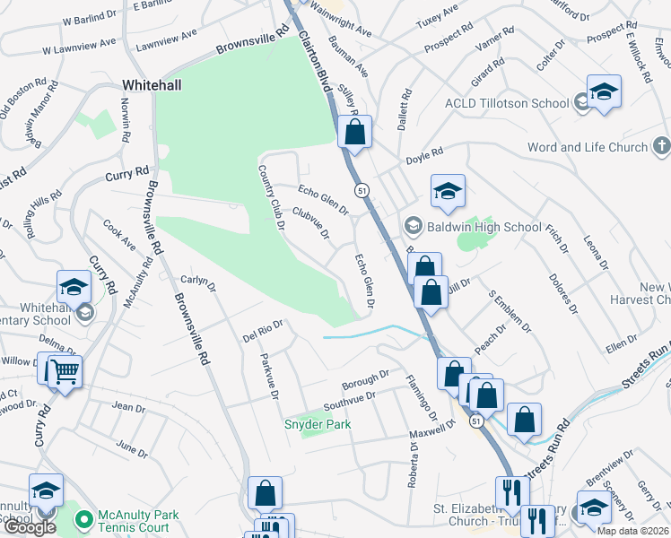 map of restaurants, bars, coffee shops, grocery stores, and more near 4657 Country Club Drive in Pittsburgh