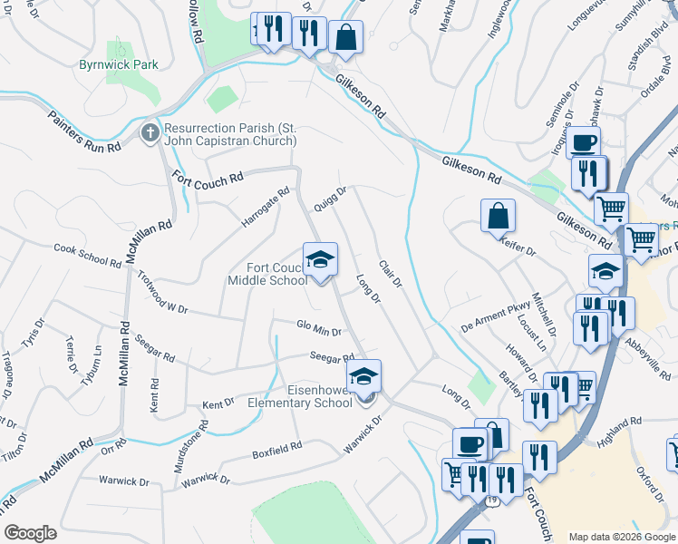 map of restaurants, bars, coffee shops, grocery stores, and more near 506 Fort Couch Road in Pittsburgh