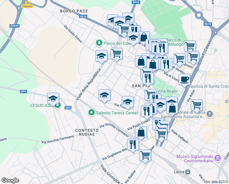 map of restaurants, bars, coffee shops, grocery stores, and more near 22 Via Ettore D'Amore in Lecce