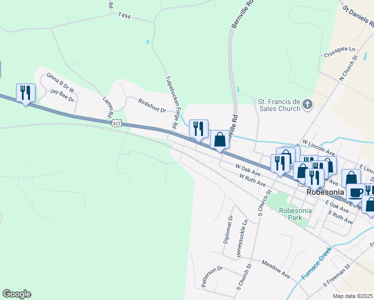 map of restaurants, bars, coffee shops, grocery stores, and more near 516 West Oak Avenue in Robesonia