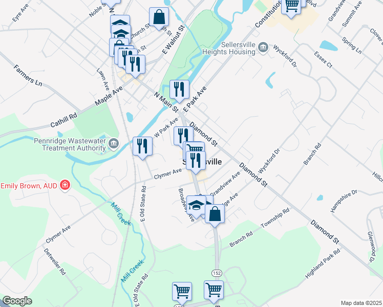 map of restaurants, bars, coffee shops, grocery stores, and more near 223 South Main Street in Sellersville