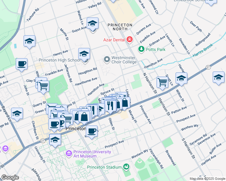 map of restaurants, bars, coffee shops, grocery stores, and more near 76 Pine Street in Princeton