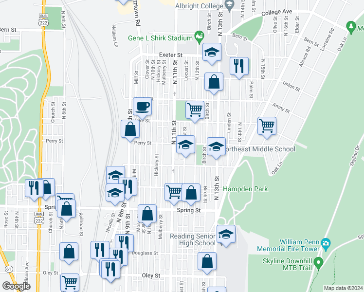 map of restaurants, bars, coffee shops, grocery stores, and more near 1116 Perry Street in Reading