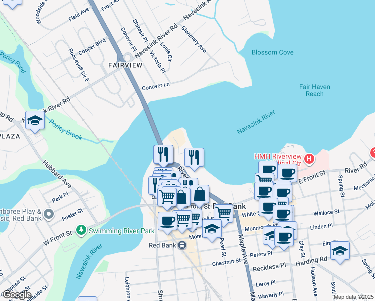 map of restaurants, bars, coffee shops, grocery stores, and more near 130 Bodman Place in Red Bank