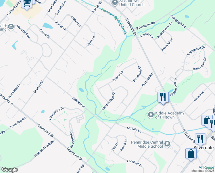 map of restaurants, bars, coffee shops, grocery stores, and more near 123 Steeple Bush Drive in Perkasie