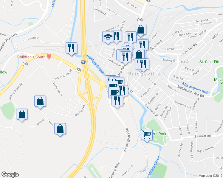 map of restaurants, bars, coffee shops, grocery stores, and more near 3011 Washington Pike in Bridgeville