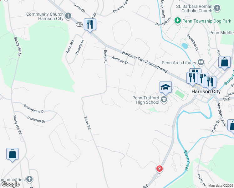 map of restaurants, bars, coffee shops, grocery stores, and more near 2008 Stone Bridge Court in Harrison City